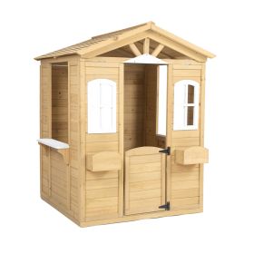 Wooden Playhouse for Kids Outdoor with Working Door, Windows, Mailbox, Flowers Pot Holder, 39" x 38" x 55.5"