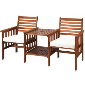 3 Pieces Outdoor Patio Table Chairs Set Acacia Wood Loveseat (Color: Red)