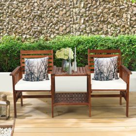 3 Pieces Outdoor Patio Table Chairs Set Acacia Wood Loveseat (Color: White)